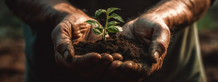 Symbol of environmental hope with tree growing from soil in the hands of a person. Generative AI.の素材