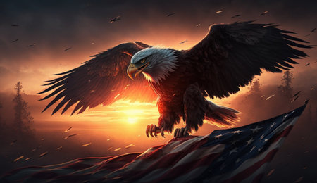 American eagle flying in the sunset sky. 3D illustration. American flag.の素材