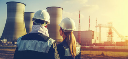 Male and female nuclear plant construction workers oversee the project building. Goenerative AI.の素材