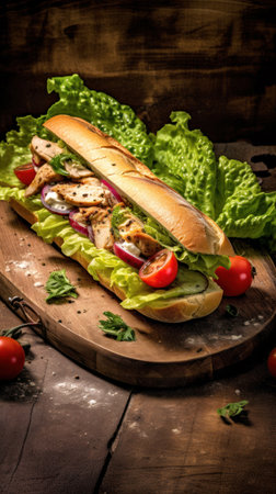 French baguette filled with chicken meat, leaf salad and tomatoes on a wooden cutting board. Generative AI.の素材