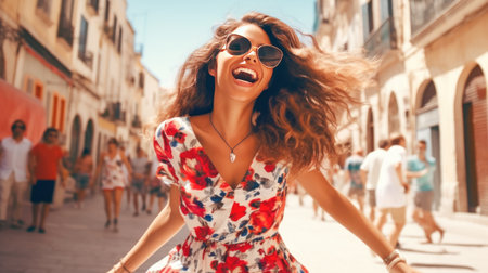 Tanned brunette in flowery dress and sunglasses laughs as she walks through a touristy city. Generative AI.の素材