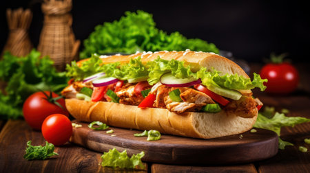 Half of a baguette with chicken, leaf salad, cucumber, pepper, and tomatoes in a dark background. Generative AI.の素材