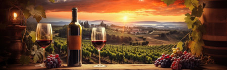 Banner of a beautiful sunset over wineyard with glasses and bottle of wine with red grapes in the front. Generative AI.の素材