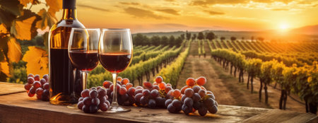 Symbols of growing wine growing and making, grapes, glasses, bottle and wineyards under sunset. Generative AI.の素材