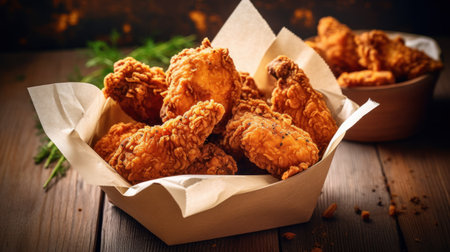 Crunchy fried chicken thighs as a take away food inside a paper box ready for delivery. Generative AI.の素材