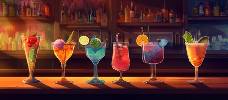 Assortment of classical cocktails animated on a bar with fruit garnish. Generative AI.の素材