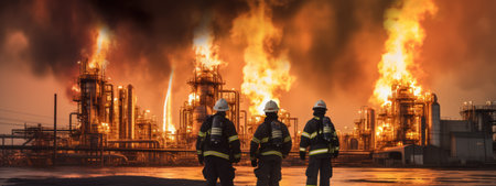 Rear view of three firemen standing against explosions and large fire in the refinery. Generative AI.の素材
