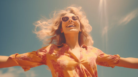 Happy young female with open arms faces sun and enjoys summer on a beautiful day. Generative AI.の素材