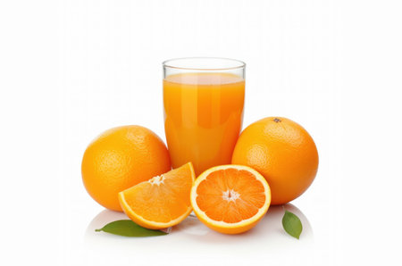 Fresh oranges and a cup of orange juice on an isolated white background. Generative AI.の素材