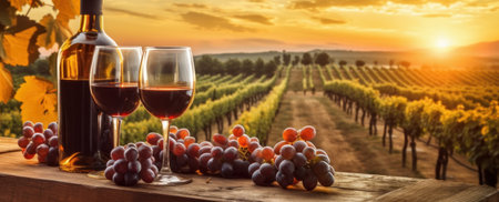Viticulture banner with red wine bottle and glasses, grapes and sunset over wineyards. Generative AI.の素材