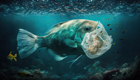 Oceans are full of plastic waste endangering environment, killing fish and endangering food supply. Generative AI.の素材