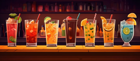 Different types of animated colorful fruit and iced drinks with straws in high glasses. Generative AI.の素材