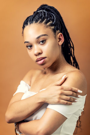Portrait of African American girl with afro hair. Beauty, cosmetics, makeup and fashion concept.の写真素材