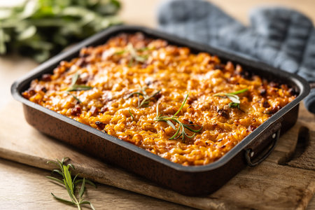 Baked pasta with smoked meat, sausage, egg, cheese and spices. Traditional Czech food.の写真素材