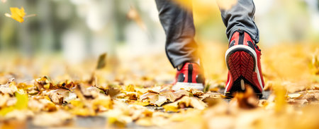 Close-up of the running shoes of a person running on maple leaves in autumn nature.の写真素材