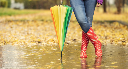 A view of a woman's legs in rubber boots standing in a puddle, leaning on an umbrella. A woman standing in a puddle surrounded by fallen autumn leaves.の写真素材