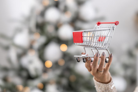It's time for Xmas shopping as woman holds a small shopping trolley with a Christmas tree in the background.の写真素材