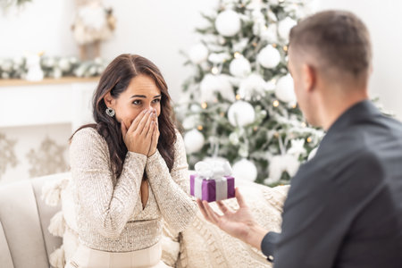 Boyfriend surprises his girlfriend with proposal for Christmas kneeing in front of her.の写真素材