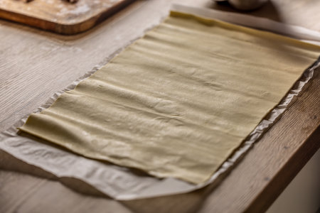 Puff pastry rolled out on baking paper ready for processing.の写真素材