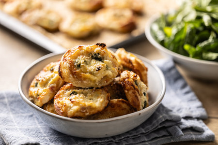 Mini pizza rolls stuffed with various ingredients, prosciutto bacon spinach basil mozzarella or parmesan cheese in bowl.の写真素材