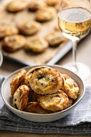 Mini pizza rolls stuffed with various ingredients, prosciutto bacon spinach basil mozzarella or parmesan cheese in bowl.の写真素材