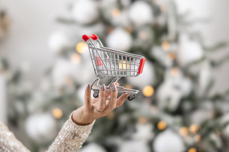 Female hand holding a small shopping cart as a symbol of Christmas shopping period.の写真素材