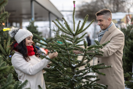 A happy couple buys a Christmas tree at the market, imported from the Nordic countries. A couple choosing a tree at a Christmas tree farm.の写真素材