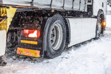 The wheels of the truck skid on a snowy and icy road.の写真素材