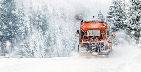 Snow plow on highway salting road . Orange truck deicing street. Maintenance winter gritter vehicle wide panorama or banner.の写真素材