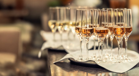 Glasses of champagne or prosecco prepared for guests at the bar counter in the hotel as a welcome drink.の写真素材