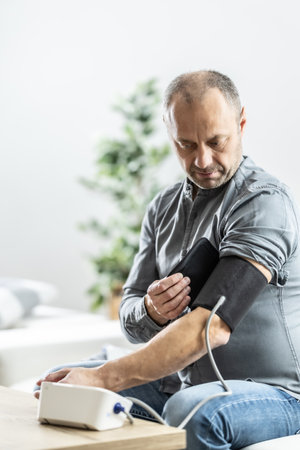 A mature man checking his blood pressure with a digital blood pressure monitor at home.の写真素材