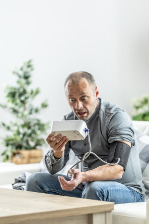 Shocked mature man after measuring blood pressure with a measuring device because of a bad result.の写真素材