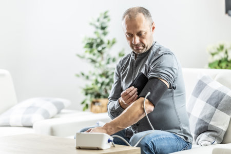 A mature man checking his blood pressure with a digital blood pressure monitor at home.の写真素材