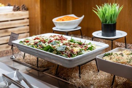 Catering meals prepared for guests at a wedding or hotel dinner. Healthy salads and other vegetables.の写真素材