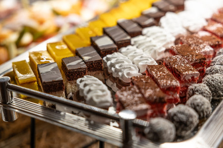 Sliced fresh homemade cakes on a tray at a wedding reception.の写真素材