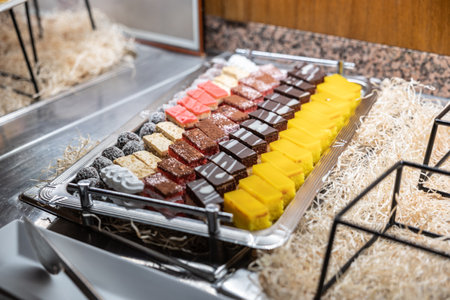 Sliced fresh homemade cakes on a tray at a wedding reception.の写真素材