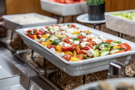 Catering meals prepared for guests at a wedding or hotel dinner. Healthy salads and other vegetables.の写真素材