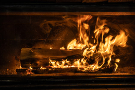 Detail of a home fireplace with burning wood.