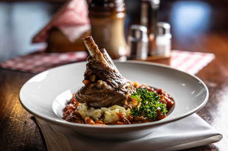 Confit lamb calf on mashed potatoes and baking sauce. Roasted leg of mutton with potatoes on a plate in a restaurant.の写真素材