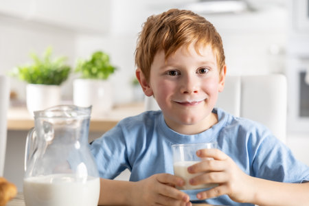 Portrait of a little boy who drank milk and has a mustache from him.の写真素材
