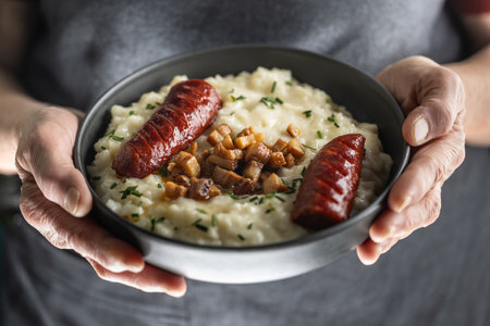 The hands of a senior home cook hold a plate with a national Slovak dish - Bryndzove Halusky.の写真素材