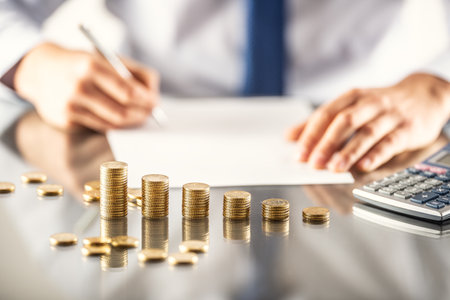 Business man signs a mortgage or insurance contract, gold coins in front of him in the form of a graph.の写真素材