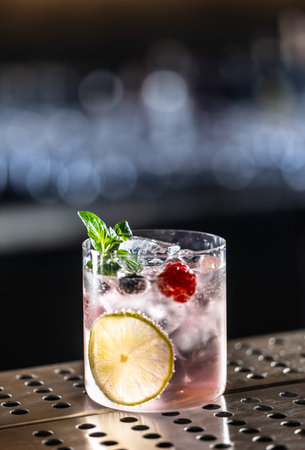 Pink cocktail Gin Tonic drink with raspberries, blueberries, lime and fresh mint.の写真素材