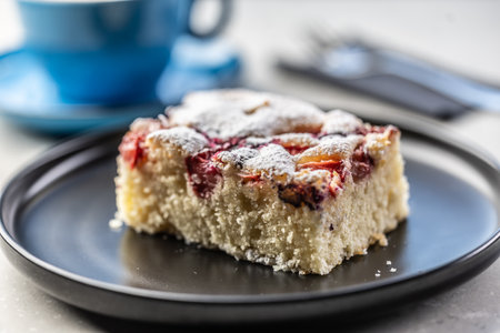 Fruity plum cake on a plate and next to a mug with coffee on a table in a cafe.の写真素材