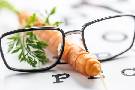 Dioptric glasses and how we have carrots. Fun photo for healthy eyesight. Glasses and carrot, concept of good eyesight.の写真素材