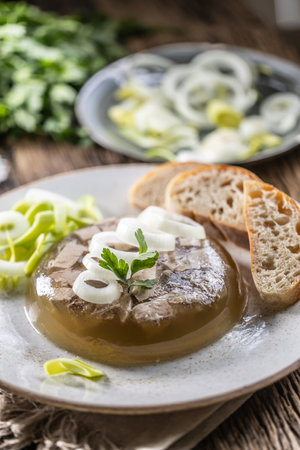 Homemade pork aspic, meat jelly with onion and leek in a white plate.の写真素材