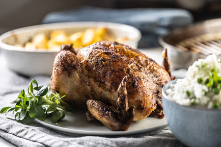 A whole roasted chicken on the table together with jasmine rice and baked potatoes.の写真素材