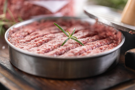 Fresh raw ground beef patties with rosemary salt and pepper made in a meat form on a cutting board.の写真素材