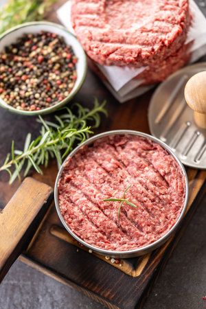Fresh raw ground beef patties with rosemary salt and pepper made in a meat form on a cutting board.の写真素材