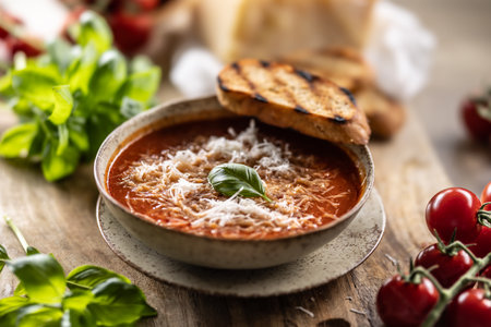 Healthy vegetarian tomato soup with parmesan and basil. Italian and Mediterranean food.の写真素材
